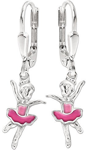 CLEVER SCHMUCK Silberne Mädchen Ohrhänger 28 mm kleine Ballerina 12 mm pink und rosa lackiert glänzend STERLING SILBER 925 für Kinder im Etui rosa
