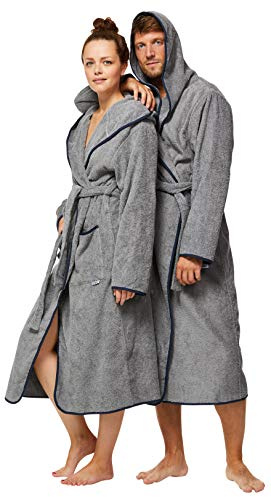 Sowel® Bademantel Damen und Herren, 100% Bio-Baumwolle, Extra Lang mit Kapuze, Morgenmantel, Flauschig, Frottee, L, Grau/Navy