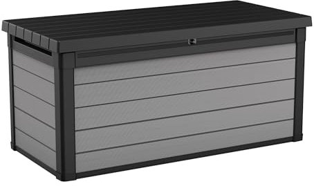 Keter Premier 150 Gallon Deck Box with Polypropylene Construction and Double Walled Panels for Outdoor Patio and Storage Use, Light Gray