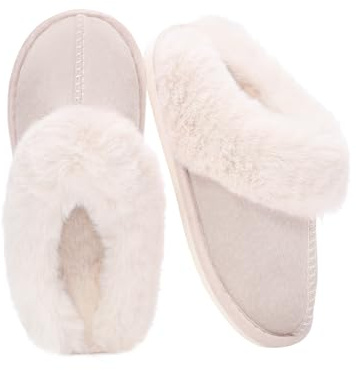 Auranso Ladies Slippers Fluffy Lined Warm Slippers Women Non Slip Cosy House Shoes for Indoor and Outdoor, Beige