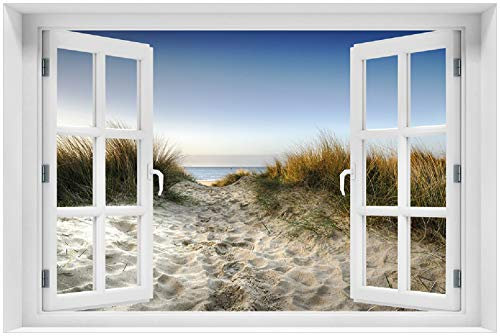 Wallario selbstklebendes Poster - Weg durch die Dünen zum Strand am Meer, Aufkleber in Premiumqualität, Klebefolie Größe: 100 x 150 cm mit Fenster-Illusion