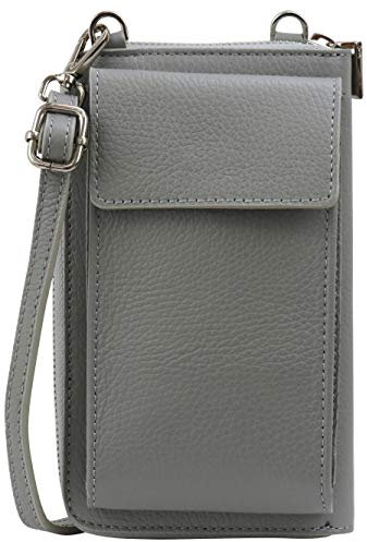 SH Leder Damen Handytasche Umhängetasche Geldbörse Multifunktion Beutel aus Echtleder Verstellbar Schultergurt Handy bis 6,8 Zoll 11,50x19cm Sarah G339 (Grau)