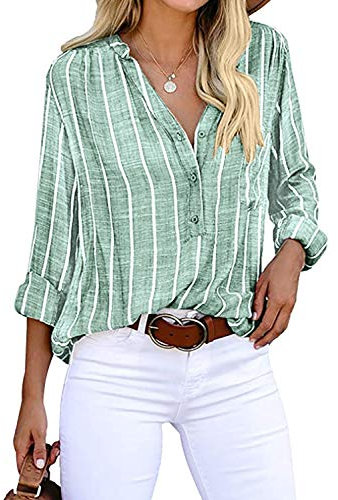 Cindeyar Bluse Damen Langarm Streifen Oberteile Casual Langarmshirt Tops Lose Baumwolle Tunika Hemd (L, Grün)