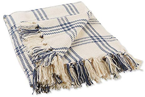 DII Modern Farmhouse Plaid Collection Baumwoll-Fransen-Überwurfdecke, Weiß/Französisch Blau, 50x60