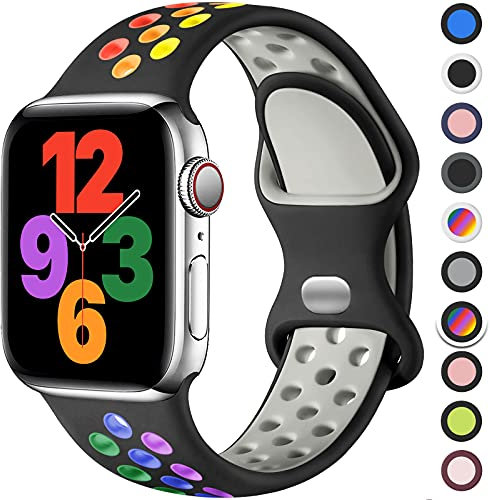 Upeak Sport Cinturino Compatibile con Cinturino Apple Watch 44 mm 45 mm 46 mm 42 mm, Cinturini a Doppio Foro in Silicone Traspirante per iWatch Series 10 9 8 7 6 5 4 3 2 1 Ultra SE, L, Nero/Arcobaleno