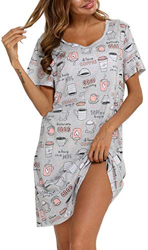 ENJOYNIGHT Camisón de Manga Corta para Mujer Camisones de Algodón Estampado Pijama de Verano (3X-Large,Taza de Café)