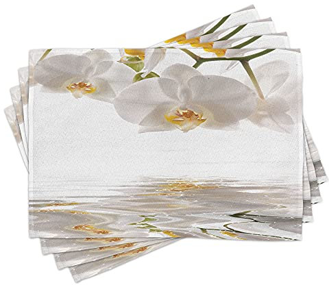 ABAKUHAUS Blume Platzmatten, Orchideen auf Plätschern des Wassers, Waschbare Stoff Esszimmer Küche Tischdekorations Digitaldruck, Weiß Gelb