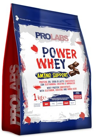 PROLABS – Proteine in Polvere POWER WHEY AMINO SUPPORT Concentrate Ricche di Aminoacidi Essenziali e BCAA - Whey Protein + Creatina, Glutammina e Vitamina B6, Crescita, Forza e Recupero 1kg Cioccolato