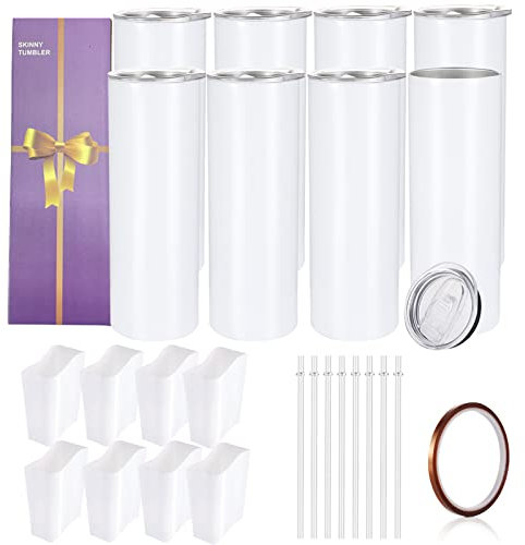 YOUKE OLA 8 Pack Sublimation Tumblers Bulk 20oz White Straight Blank Tumbler for Heat Transfer, Individual Gift Boxed, Stainless Steel Double Wall Insulated Cup with Shrink Wrap Sleeve, Heat Tape