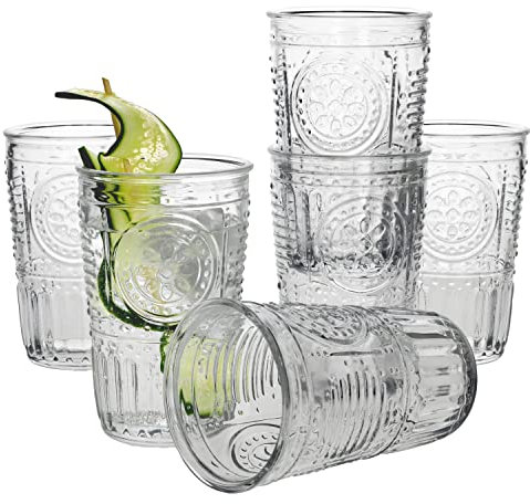 Set di 6 romantici Bicchieri Lunghi Bormioli Rocco, Trasparenti, 340 ml, Diametro 8 cm, 6 Persone, Bicchieri per Acqua, Cocktail, Bevande alcoliche, succhi, bibite,