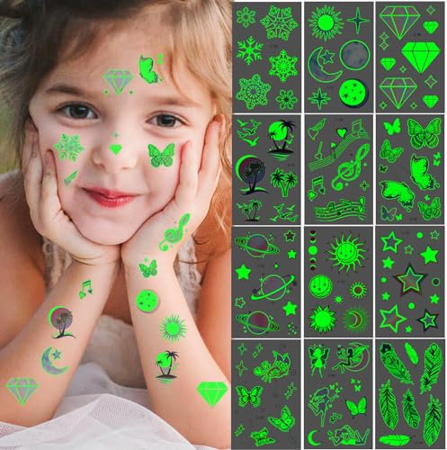 12 Blätter Tattoo Kinder,Leuchttattoos Kinder Hautfreundlich,Temporäre Kindertattoos Tattoo Mitgebsel Kindergeburtstag für Mädchen Jungen