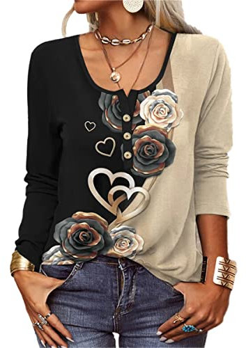 GRMLRPT Tops Damen Langarm Rundhal Tshirts Tunika Oberteile Bedruckte Bluse Damen Elegant Lässige Hemd Knopfleiste (Schwarz,XL)