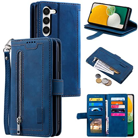 EYZUTAK Handyhülle für Samsung Galaxy S23,Flip Case Lederhülle Reißverschluss Magnetverschluss Brieftasche mit 9 Kartenfächern Standfuntion Retro Matt Ledertasche-Blau