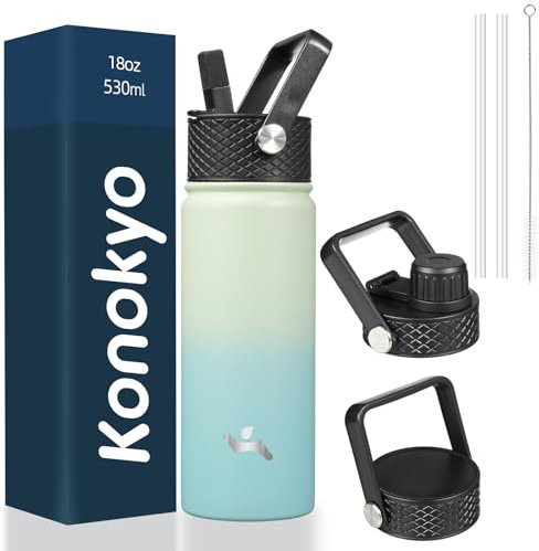 Konokyo Insulated Water Bottle with Straw,18oz 3 Lids Metal Bottles Stainless Steel Water Flask,Mint