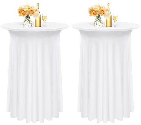 2er-Set Stretch-Stehtischröcke für Bistrotische Ø 80–85 cm, runde Cocktailtischdecke mit gewellten Vorhängen, Cocktailtischdecke mit hoher Tischplatte für Stehtische (80 x 110 cm, weiß)