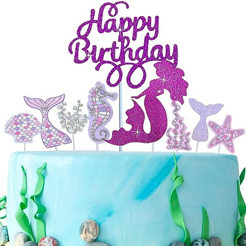Meerjungfrau Tortendeko, 11 Stücke Happy Birthday Tortendeko, Ocean Theme Kuchendekoration Tortenaufleger, Cupcake Cake Toppers, Mädchen Partydeko, Meerjungfrau Torten Deko für Mädchen Frauen
