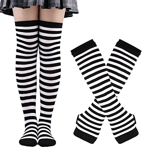 Thajaling Damen gestreifte kniestrümpfe, overknee strümpfe，Damen Thigh highs Fingerlose Handschuhe Kniehohe Socken Set, Gestreifte Lange Socken Hole Fäustlinge