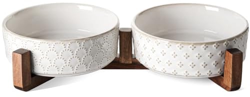 LE TAUCI 14cm Ceramic Dog Bowls Small, Dual Food and Water with Stand | 430ml Elevated Acacia Wood Stand, Weighted Non-Slip Base, Dishwasher Safe, for Puppies and Cats