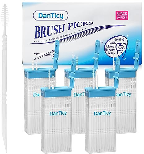 DanTicy Brushpicks Zahnstocher für die Zahnzwischenräume, weiche Borsten, entfernt Plaque und Schmutz zwischen Ihren Zähnen, 600 Stück (5 Stück)