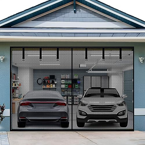 Zanzariera per porta del garage per 2 auto, chiusura magnetica, rete rinforzata in fibra di vetro, fondo pesante pesante, funzionamento a mani libere, facile montaggio e passante