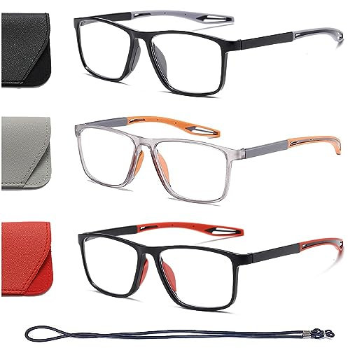 Hubeye TR90 Sports Reading Glasses for Men and Women Square Comfortable Flexible Blue Light Blocking Computer Reader (Black+Orange+Red, 3.50)