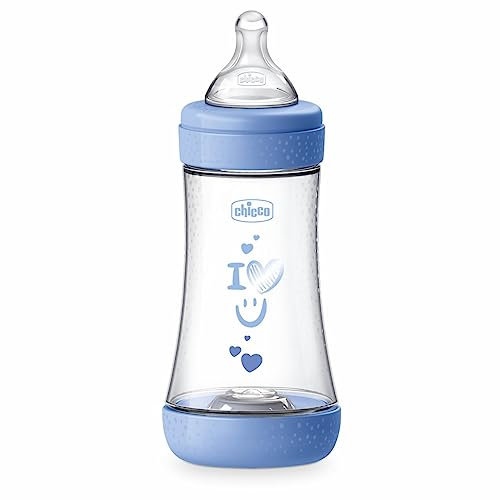 Chicco Perfect 5 Biberón Anticólico 240 ml, Biberón de Flujo Médio 2+ Meses con Tetina de Silicona Suave, Biberón Biofuncional con Sistema Intui-flow 240 ml, Azul