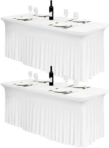FXKS Spandex Tischröcke, 2 Stück, Weiße, für 1,8 m Rechtecktische | Stretch Tischdecke und Tischabdeckung mit elegantem Faltenrock für Hochzeit, Party, Messe und Bankett