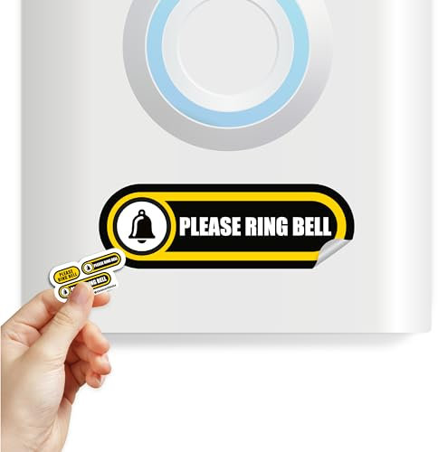 Tiny Please Ring Bell Sign | 3 Sizes Please Ring Bell Stickers | Tiny Size Perfect for any Video Doorbell | Please Ring Bell Outdoor Sign | 1in x0,5in Weatherproof Vinyl Sticker (Yellow - 3 sizes).
