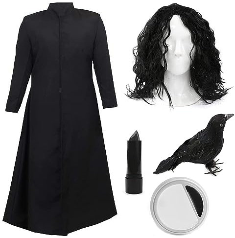 Adults Crow Costume Set - Standard - Long Black Duster Coat, Black Wavy Wig, Crow Prop, Lipstick and Face Paint - Perfect for Film Character Dress Up and Halloween Parties