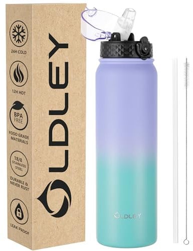 OLDLEY Stainless Steel Water Bottle with Straw 1L Vaccum Insulated Large Drink Flask Metal Water Bottles 1 litre Leakproof Keep Drinks Hot Cold for Sports Gym Work Adult Women Men(Purple Green, 1 Lid)