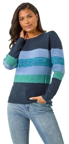 Roman Originals Thick Jumper for Women UK - Ladies Winter Autumn Smart Casual Knit Knitted Knitwear Pull-On Round Crew Neck Long Sleeve Work Office Dinner Party Blue