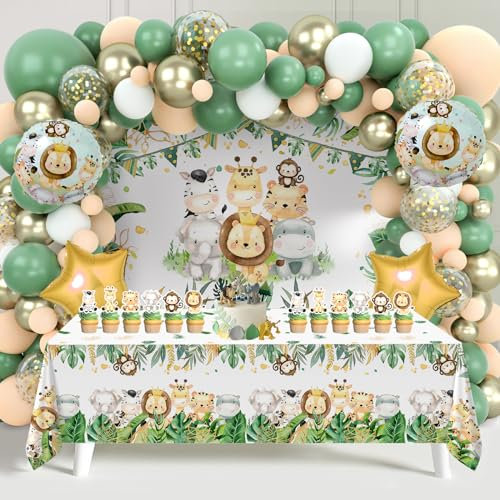 Décoration Anniversaire Jungle Vert, Fête Anniversaire Safari Animal avec Arche Balloon Vert Blanc Or, Fond d'Animal, Insert de Gâteau, Nappe, Kit Anniversaire pour Baby Shower, Fête Jungle Safari