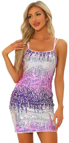 Allegra K Donna Vestito Mini Aderente con Paillettes per Abito con Spalline Sottili E Lacci, per Feste, Club, Scintillanti da Festival per Halloween Viola Argento M