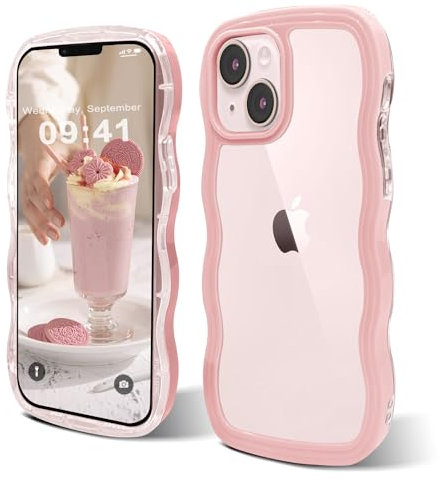 ORDA for iPhone 15 Case Cute Wave Frame Curly Shape Shockproof Hard PC Phone Cover for Women and Girls Compatible with for iPhone 15 6.1 inchs Pink