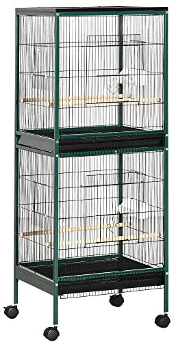 PawHut Grande Cage à Oiseaux sur Pied - volière Double avec mangeoires perchoirs Plateau Amovible - roulettes - 51,5 x 50 x 140 cm Vert Noir