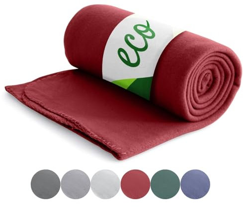 wometo Eco Fleecedecke aus 100% recyceltem Material + OekoTex und GRS Zertifiziert 130x160 cm ca. 400 g - dunkelrot mit Anti-Pilling und Kettelrand