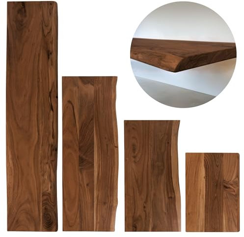 trelevo Holzplatte 80x30 cm, Akazienholz massiv 26mm, Tischplatte nussbaumfarben, Baumkantenplatte für Regale und Rückenlehne Bank, einseitige Baumkante