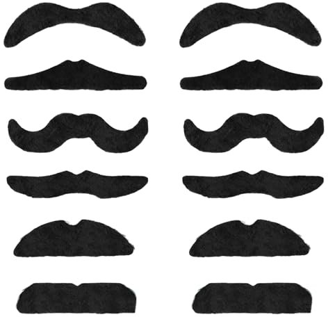 12 Stück Schnurrbart zum Ankleben,Schwarze Schnauzer,Fake Bart zum Ankleben Realistisch,80er Falscher Bart,Kostüm Schnurbart Kleben für Weihnachtsfeier Geburtstag Partei Damen Herren,Moustache,Beard