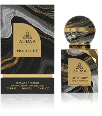 Noir Grit Extrait de Parfum 100ml by Auraa Desire - Luxury Unisex Oriental Fragrance - Oud Silk Mood Musk - Jasmine Patchouli Perfume Spray - Long-Lasting Scent - Extrait Perfume