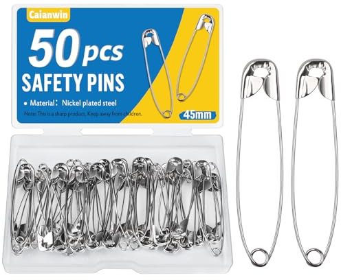 Caianwin 50 Stück Sicherheitsnadeln 45 mm Sicherheitsnadel groß mit Praktischer Box Safety Pins für Befestigen und Nähen von Kleidung und Handarbeiten, Schmuckherstellung