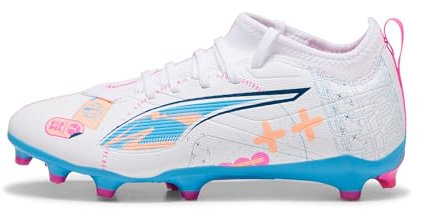 PUMA Ultra 5 Match Fg/Ag Jr - Scarpe da calcio unisex per bambini, Bianco Blu Rosa, 4 UK