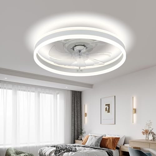 FRIXCHUR 20 Modern Ceiling Fans with Lights, LED Dimmable Flush Mount Ceiling Fan 6 Speeds Bedroom White Low Profile Ceiling Fans for Living Room Dining Room