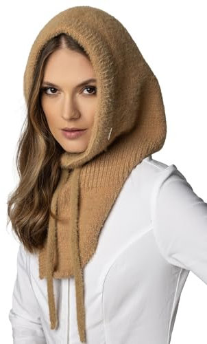 Vivisence Schalmütze Kapuzen Schal Balaclava Für Damen Kombination Aus Stilvolle Mütze Und Loop-Schal Verstellbarem Kordelzug Aus Weichem Und Warm Garn Winter Herbst 7097, Karamellfarben,Einheitsgröße