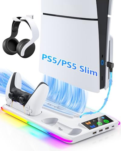 Cargador de controlador para PS5/PS5 Slim: soporte de ventilador de refrigeración PS5 y estación de carga de controlador, accesorios delgados para PS5/PS5, soporte de carga vertical para consola