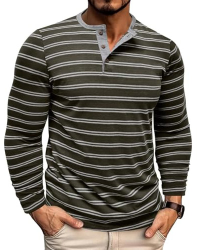 MakingDa Men’s Stripes Henley Shirts Long Sleeve Button Pullover Grandad Shirt Regular Fit Casual Classic Smart Tee Tops Green M
