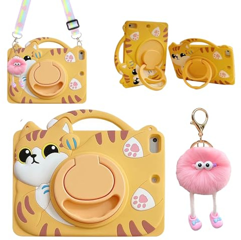 Funda 3D con diseño de gato vivo para iPad Air 1ª 2ª/iPad Pro 2016/iPad 5ª 6ª 9.7 pulgadas, funda giratoria de silicona suave con cordón para niños, adolescentes, niñas y mujeres