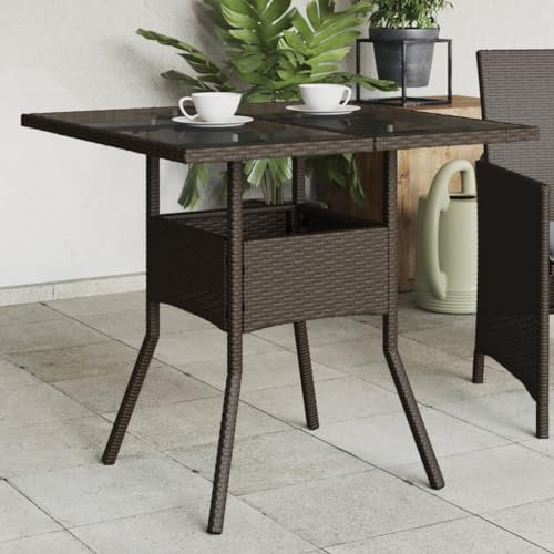 Makastle Polyrattan Gartentisch Braun 80x80x75 cm Balkontisch mit Glasplatte, Wetterfest Garten Terrasse Esstisch Gartenmöbel
