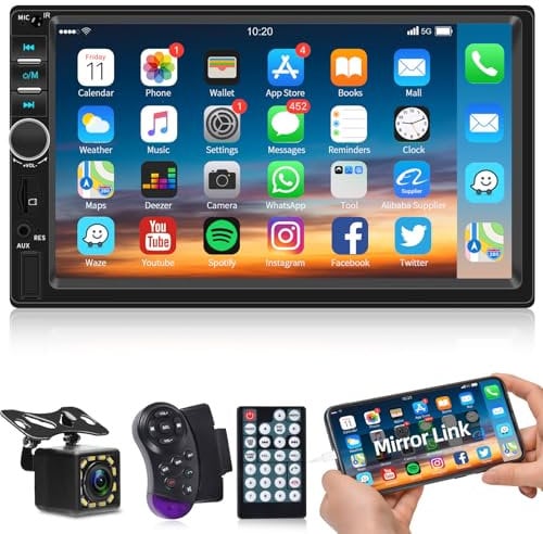 Radio 2 DIN 7 Pulgadas Pantalla Táctil Radio Coche con Mirror Link Radio FM Bluetooth Manos Libres Llamadas USB Aux Control Volante +Cámara de Seguridad + Mando a Distancia