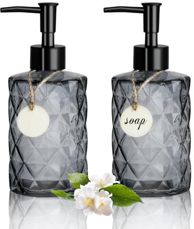 Lot de 2 distributeurs de savon en verre - 330 ml - Noir - Avec pompe - Rechargeables - Pour la cuisine et la salle de bain