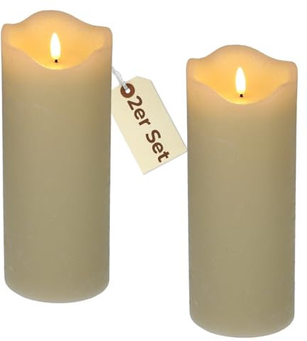 GarPet 2x Echtwachskerzen mit beweglicher Flamme und Timer Led Echtwachskerzen flackernde Flamme flammenlose Kerze Creme Weiß 10 x 20 cm
